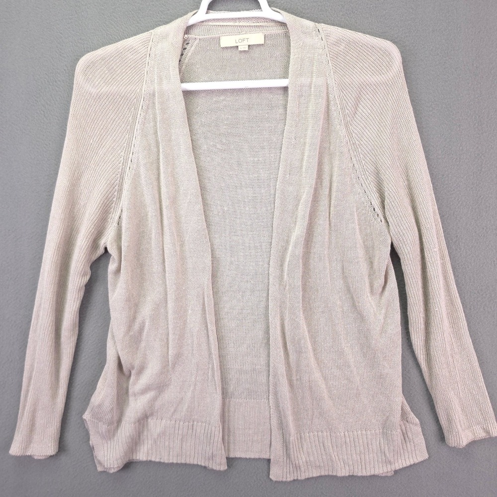 LOFT Cardigan Sweater Open Front Tan Beige XL Linen Lightweight Ribbed